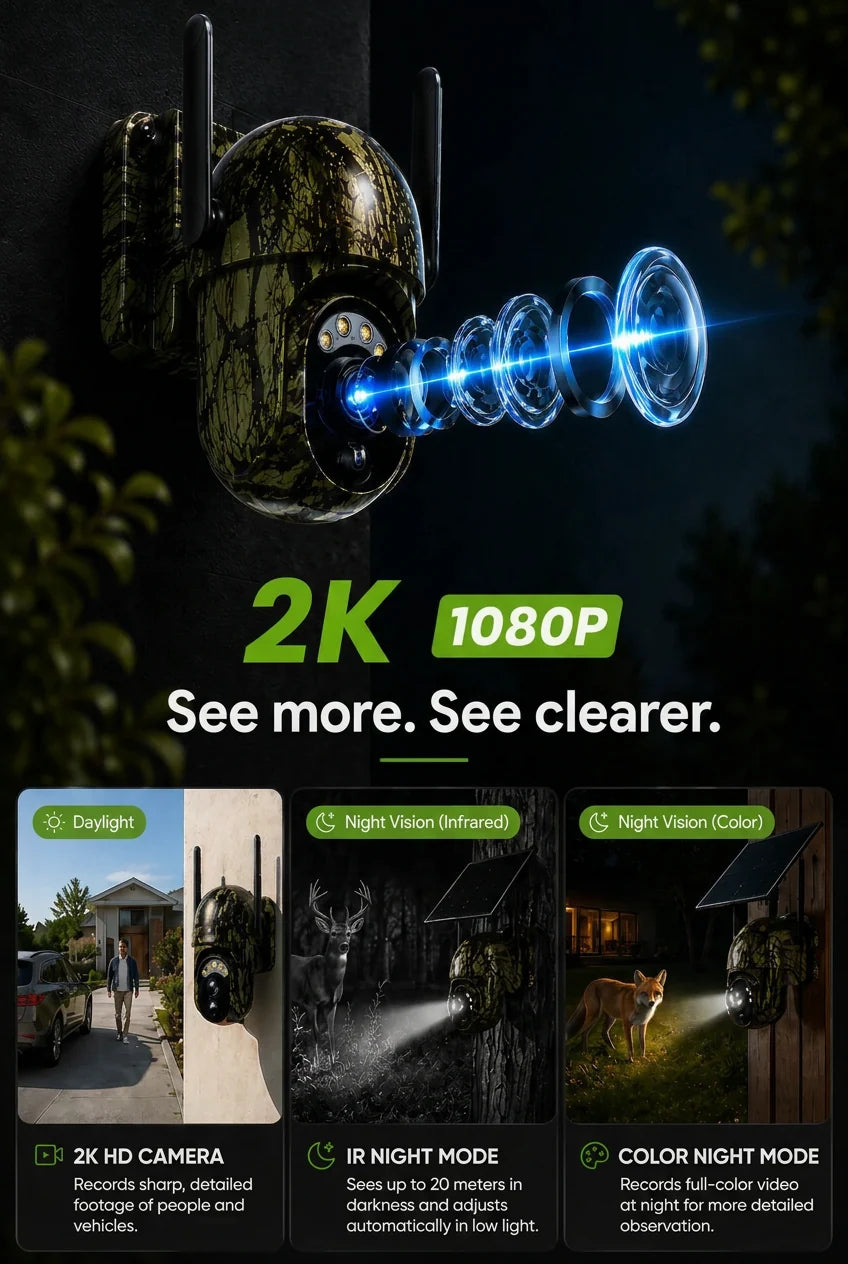 Security Camera Solar-Powered 2K PTZ Color Night Vision
