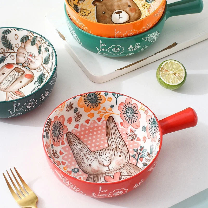 Serving Bowl Porcelain Hand-Painted Animal Floral Design