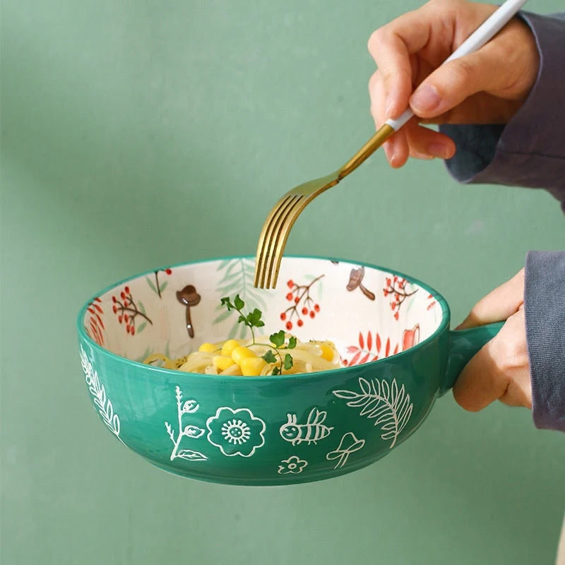 Serving Bowl Porcelain Hand-Painted Animal Floral Design