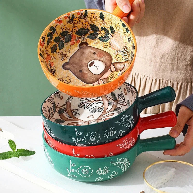 Serving Bowl Porcelain Hand-Painted Animal Floral Design