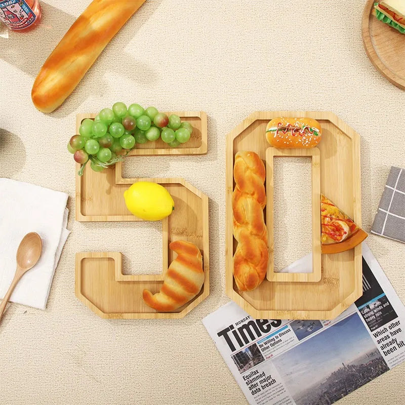Serving Tray Number-Shaped Natural Wood Polished Finish