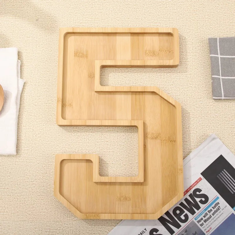 Serving Tray Number-Shaped Natural Wood Polished Finish