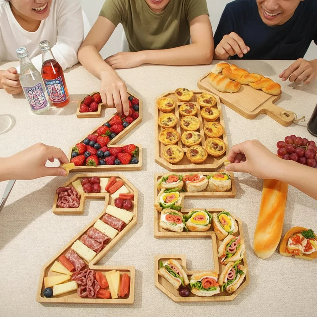 Serving Tray Number-Shaped Natural Wood Polished Finish