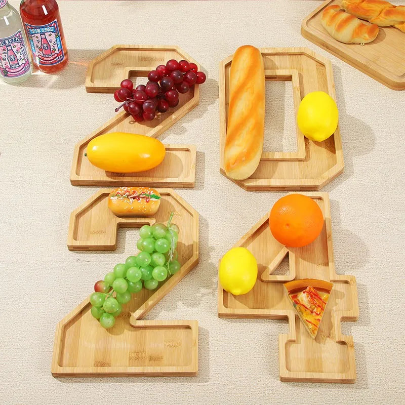 Serving Tray Number-Shaped Natural Wood Polished Finish