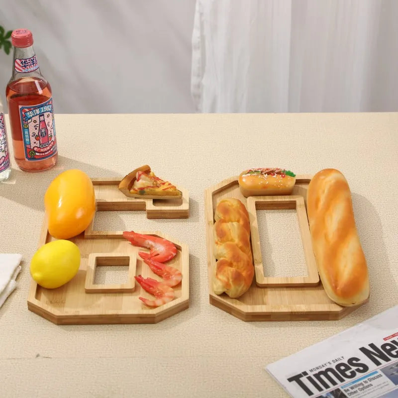Serving Tray Number-Shaped Natural Wood Polished Finish