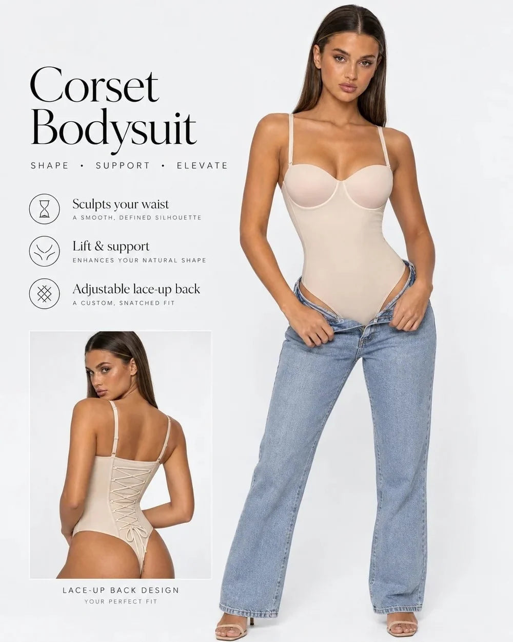 Shapewear Bodysuit Built-In Bra Cups Adjustable Lace-Up Back