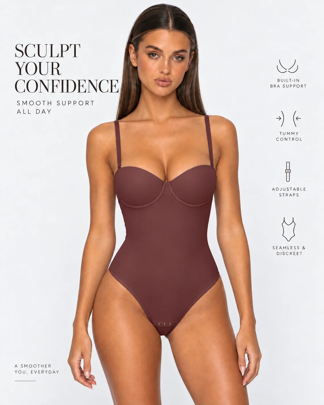 Shapewear Bodysuit Built-In Bra Cups Adjustable Lace-Up Back