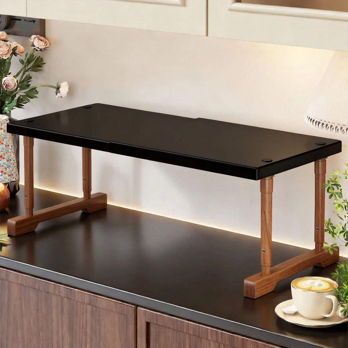 Shelf Riser Two-Tier Walnut Finish Steel Frame