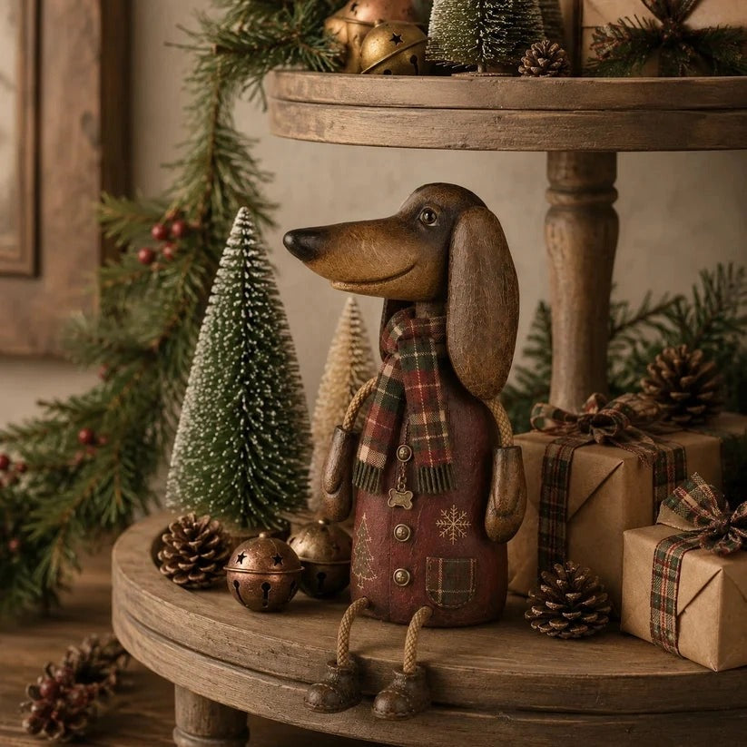 Shelf Sitter Dachshund Vintage Farmhouse Plaid Scarf