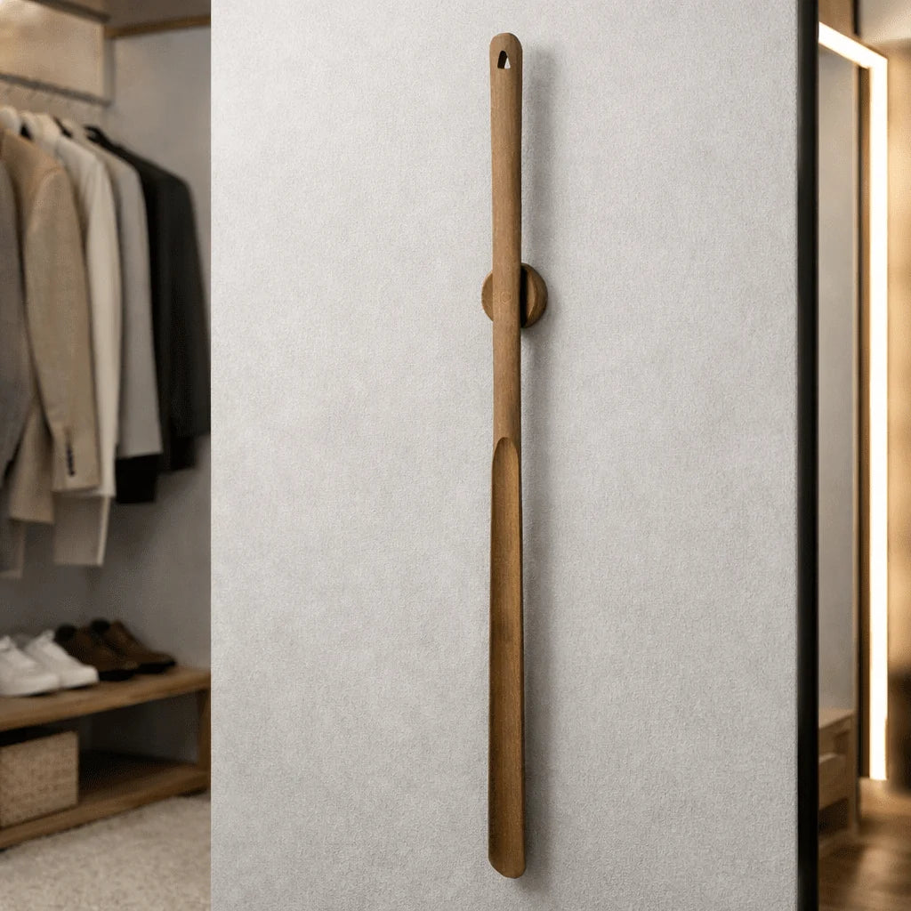 Shoe Horn Solid Wood Long Handle Magnetic Wall Mount