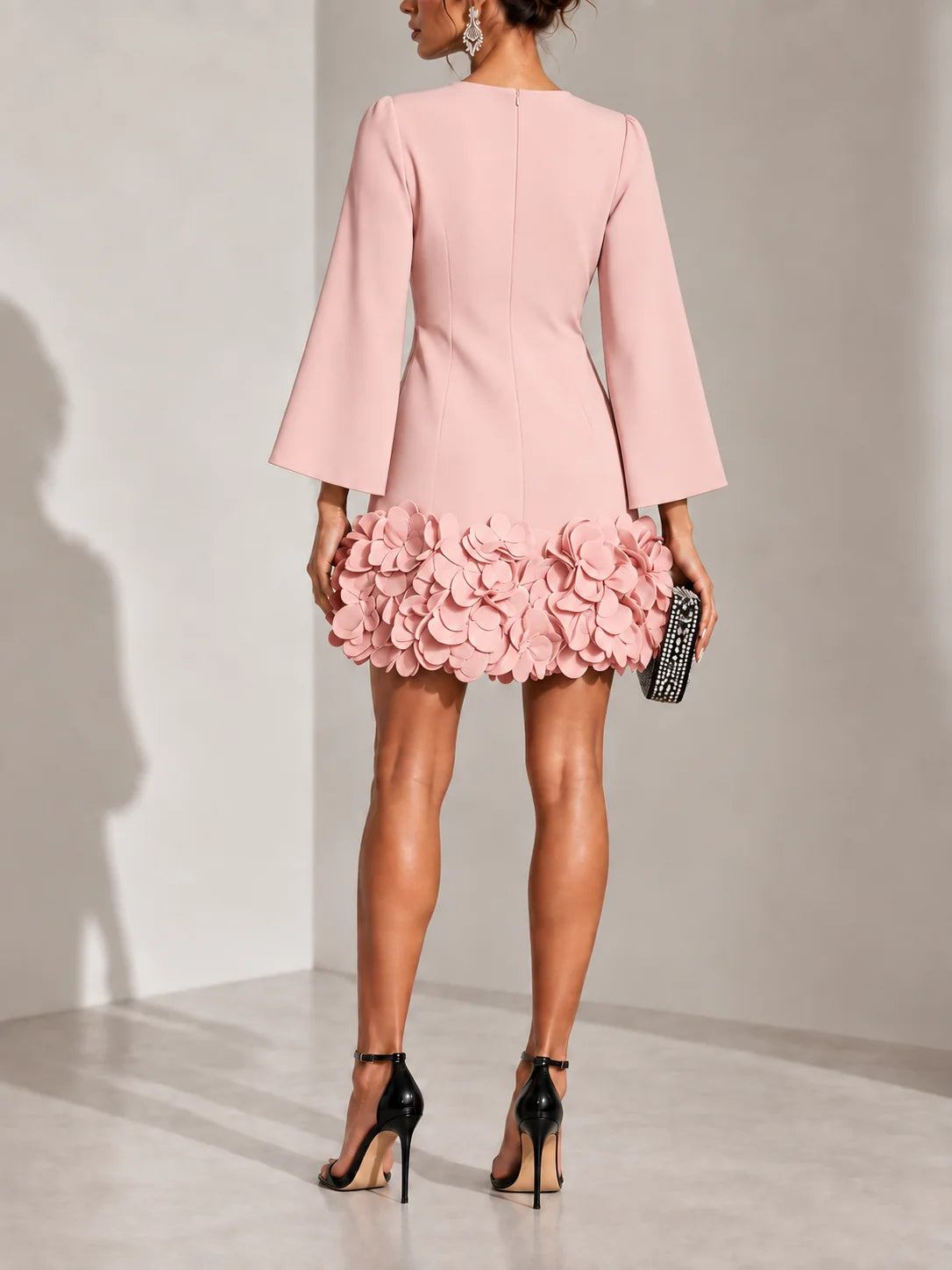 Short Dress 3D Floral Appliqué Hem Flared Long Sleeves