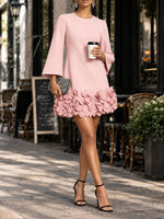 Short Dress 3D Floral Appliqué Hem Flared Long Sleeves