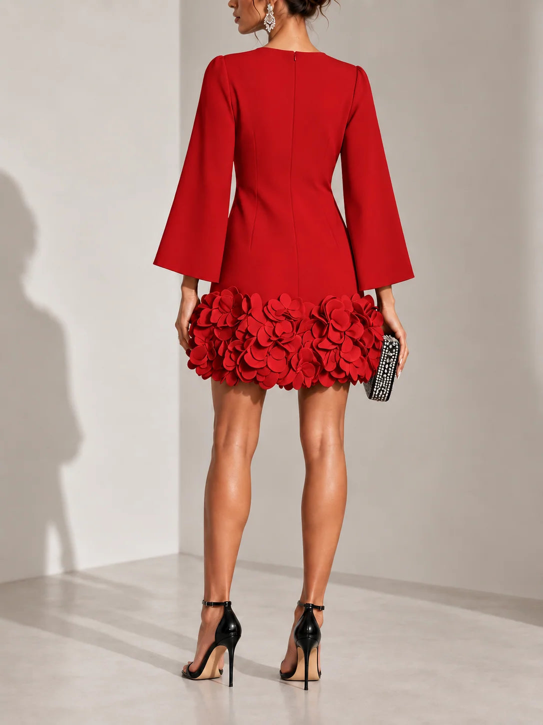 Short Dress 3D Floral Appliqué Hem Flared Long Sleeves