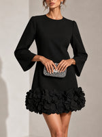 Short Dress 3D Floral Appliqué Hem Flared Long Sleeves