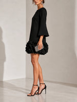 Short Dress 3D Floral Appliqué Hem Flared Long Sleeves