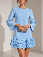 Short Dress 3D Floral Appliqué Hem Flared Long Sleeves