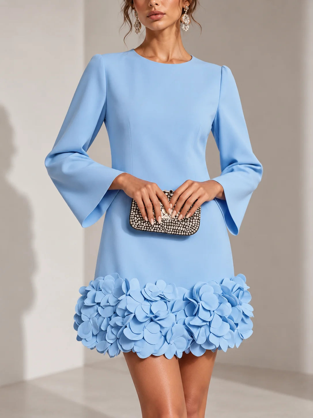 Short Dress 3D Floral Appliqué Hem Flared Long Sleeves