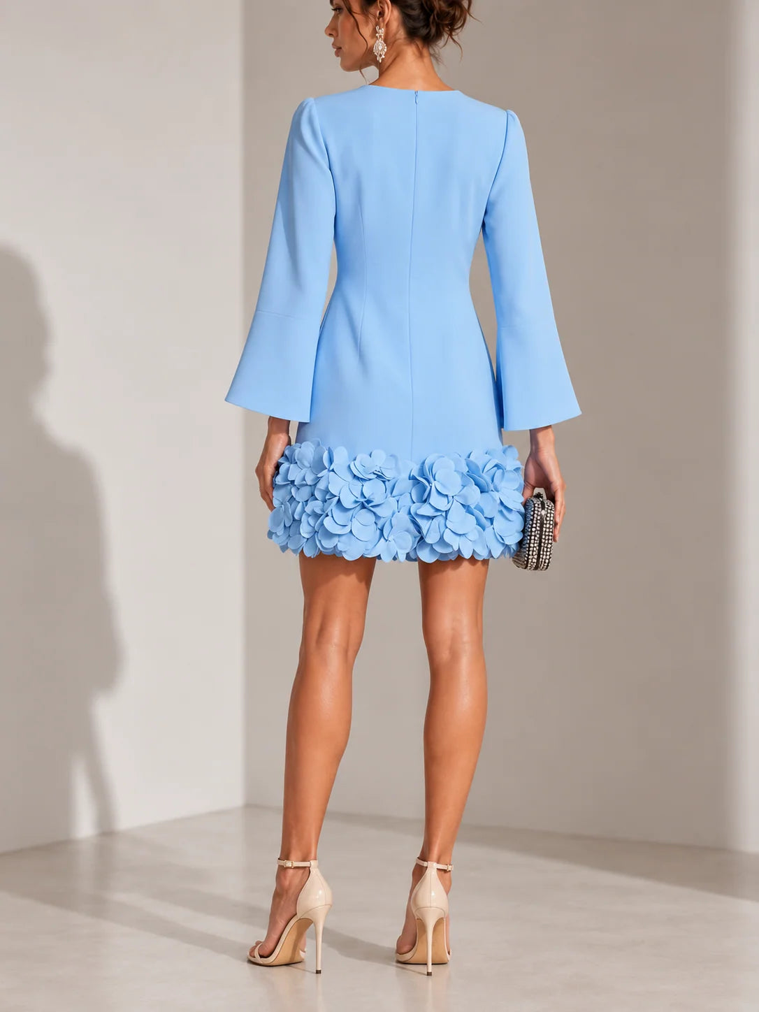 Short Dress 3D Floral Appliqué Hem Flared Long Sleeves