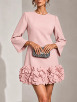 Short Dress 3D Floral Appliqué Hem Flared Long Sleeves