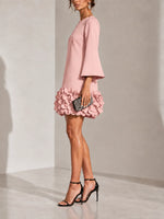 Short Dress 3D Floral Hem Flared Long Sleeves