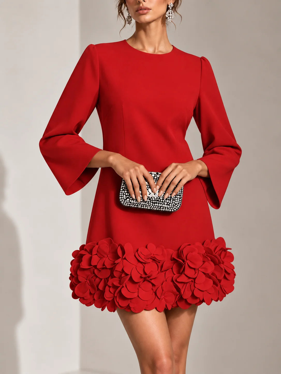 Short Dress 3D Floral Hem Flared Long Sleeves