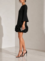Short Dress 3D Floral Hem Flared Long Sleeves