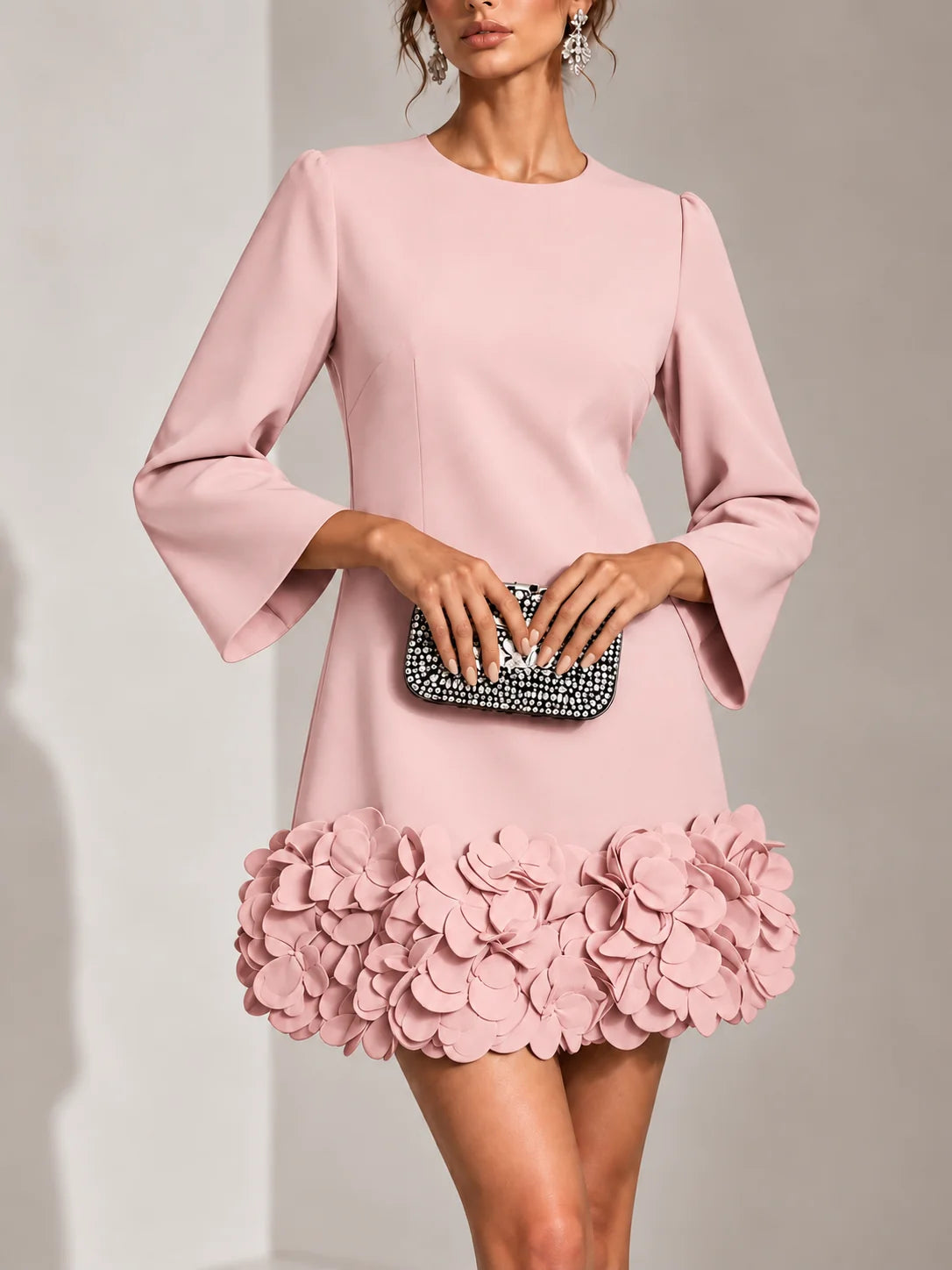 Short Dress 3D Floral Hem Flared Long Sleeves