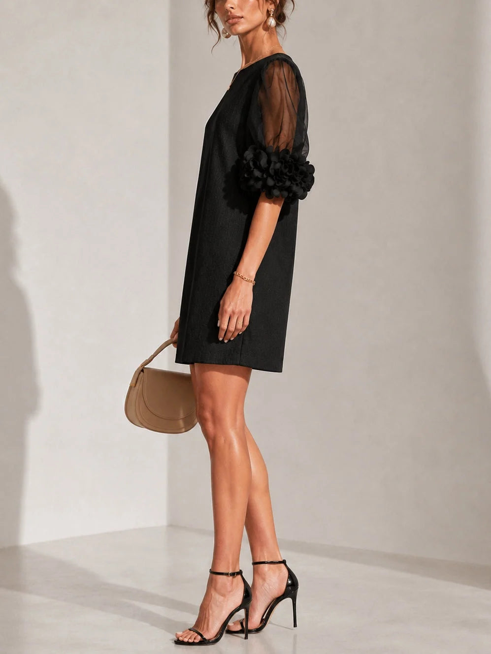 Short Dress Sheer Sleeves Floral Appliqué Details