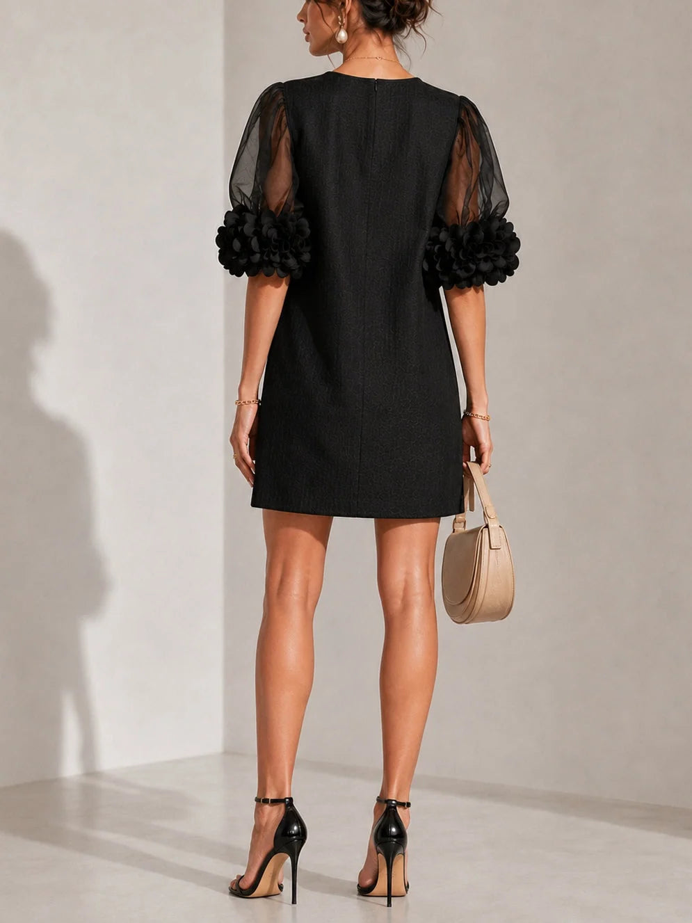 Short Dress Sheer Sleeves Floral Appliqué Details
