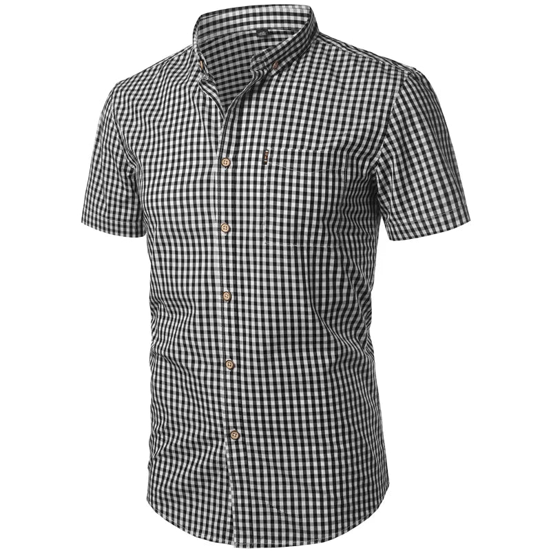 Short-Sleeve Shirt Checked Pattern Lightweight Button-Down Collar