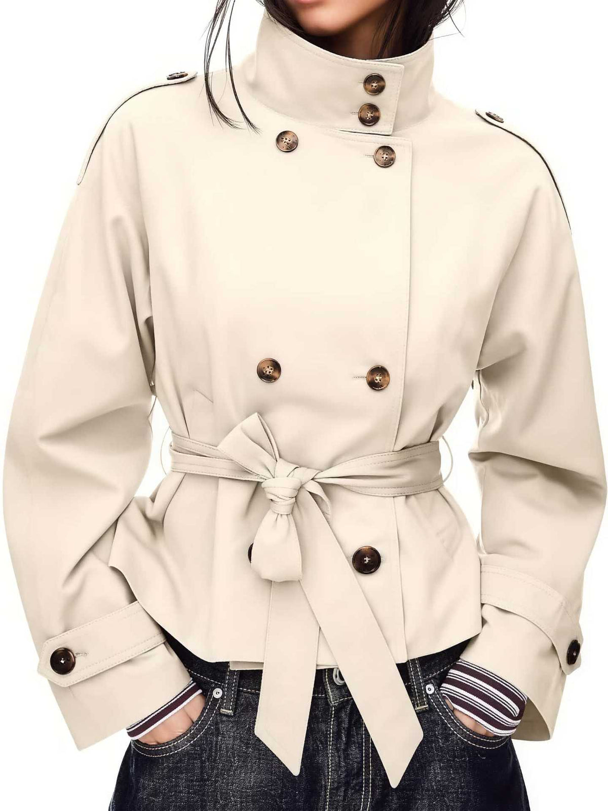 Short Trench Coat Double-Breasted Belted Waist Stand Collar