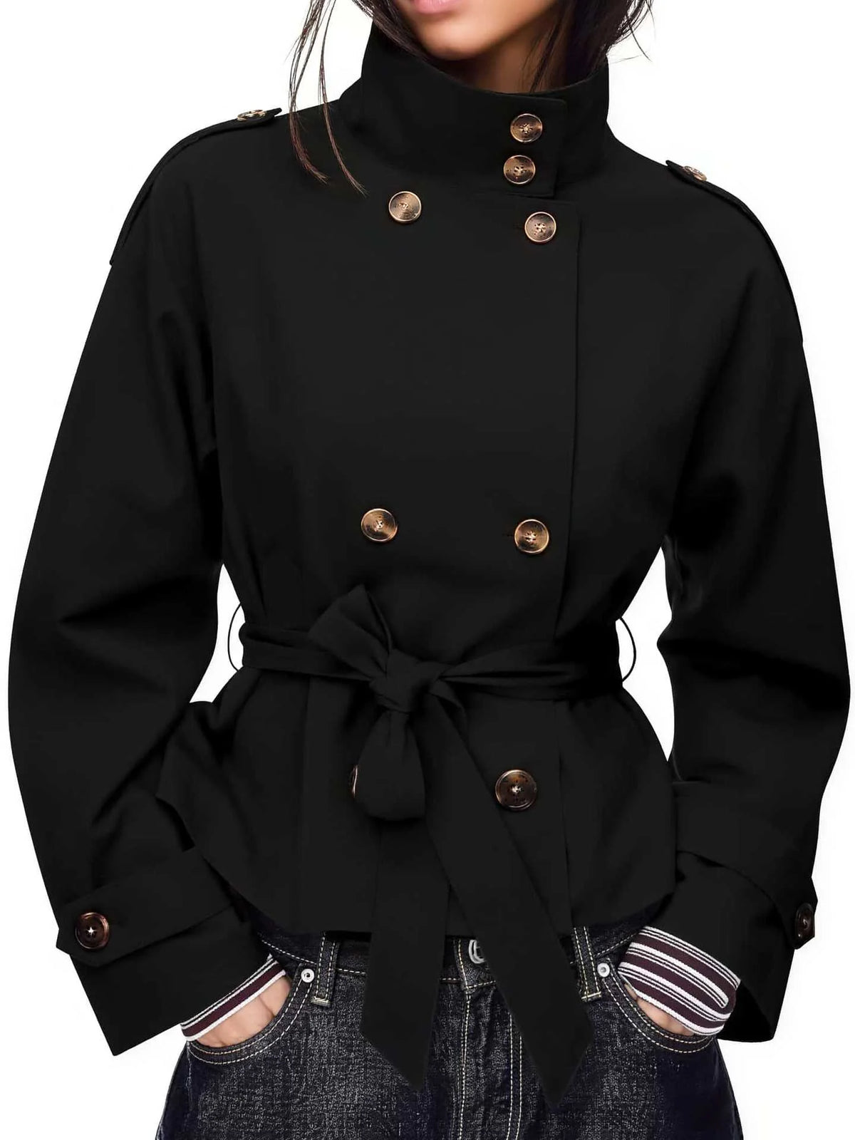 Short Trench Coat Double-Breasted Belted Waist Stand Collar