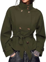 Short Trench Coat Double-Breasted Belted Waist Stand Collar