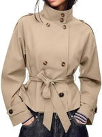 Short Trench Coat Double-Breasted Belted Waist Stand Collar