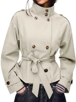 Short Trench Coat Double-Breasted Belted Waist Stand Collar
