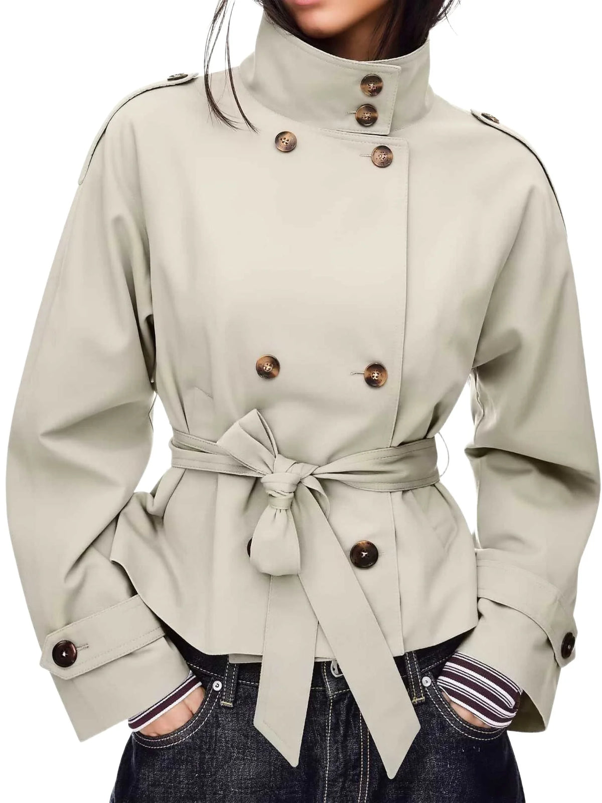 Short Trench Coat Double-Breasted Belted Waist Stand Collar