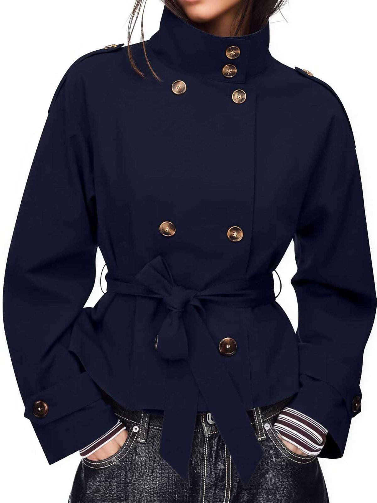 Short Trench Coat Double-Breasted Belted Waist Stand Collar
