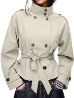 Short Trench Coat Double-Breasted Belted Waist Stand Collar