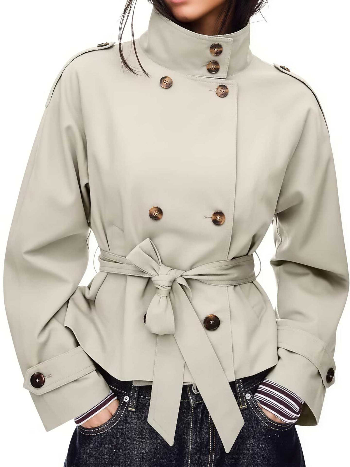 Short Trench Coat Double-Breasted Belted Waist Stand Collar