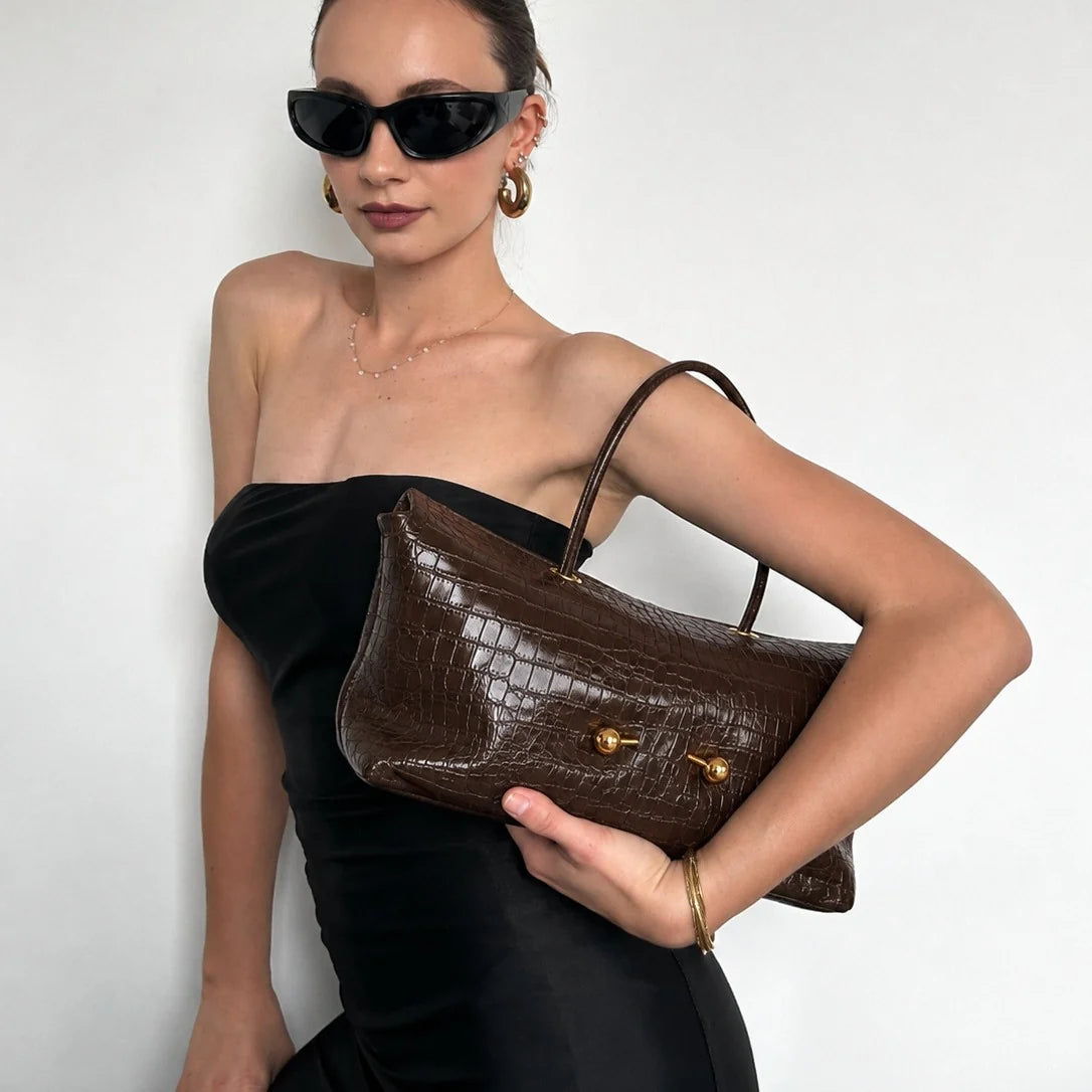 Shoulder Bag Croc-Textured Vegan Leather Spacious Interior