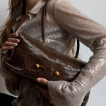 Shoulder Bag Crocodile-Texture Vegan Leather Spacious Interior