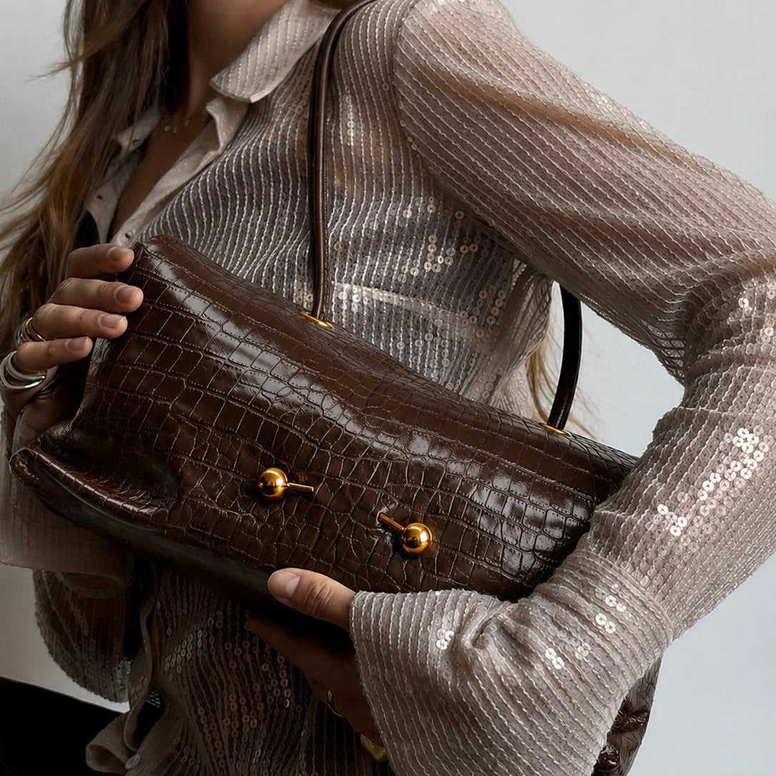 Shoulder Bag Crocodile-Texture Vegan Leather Spacious Interior
