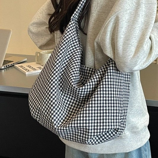 Shoulder Bag Gingham Print Wide Strap Spacious Interior