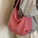 Shoulder Bag Gingham Print Wide Strap Spacious Interior