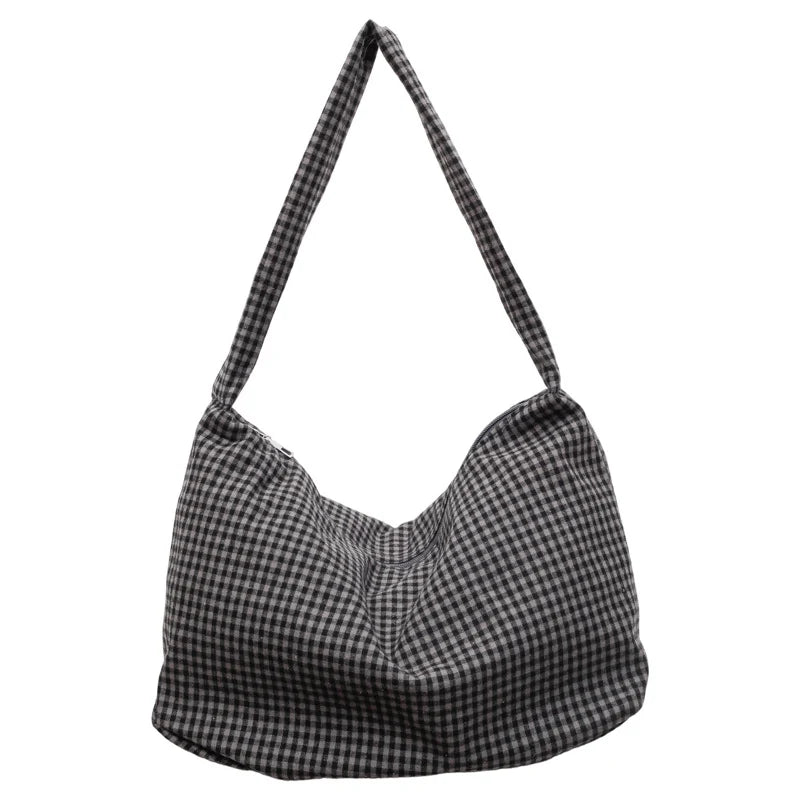 Shoulder Bag Gingham Print Wide Strap Spacious Interior
