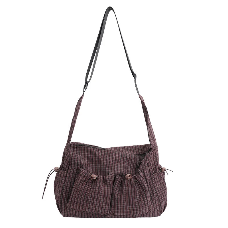 Shoulder Bag Plaid Adjustable Strap Multiple Pockets