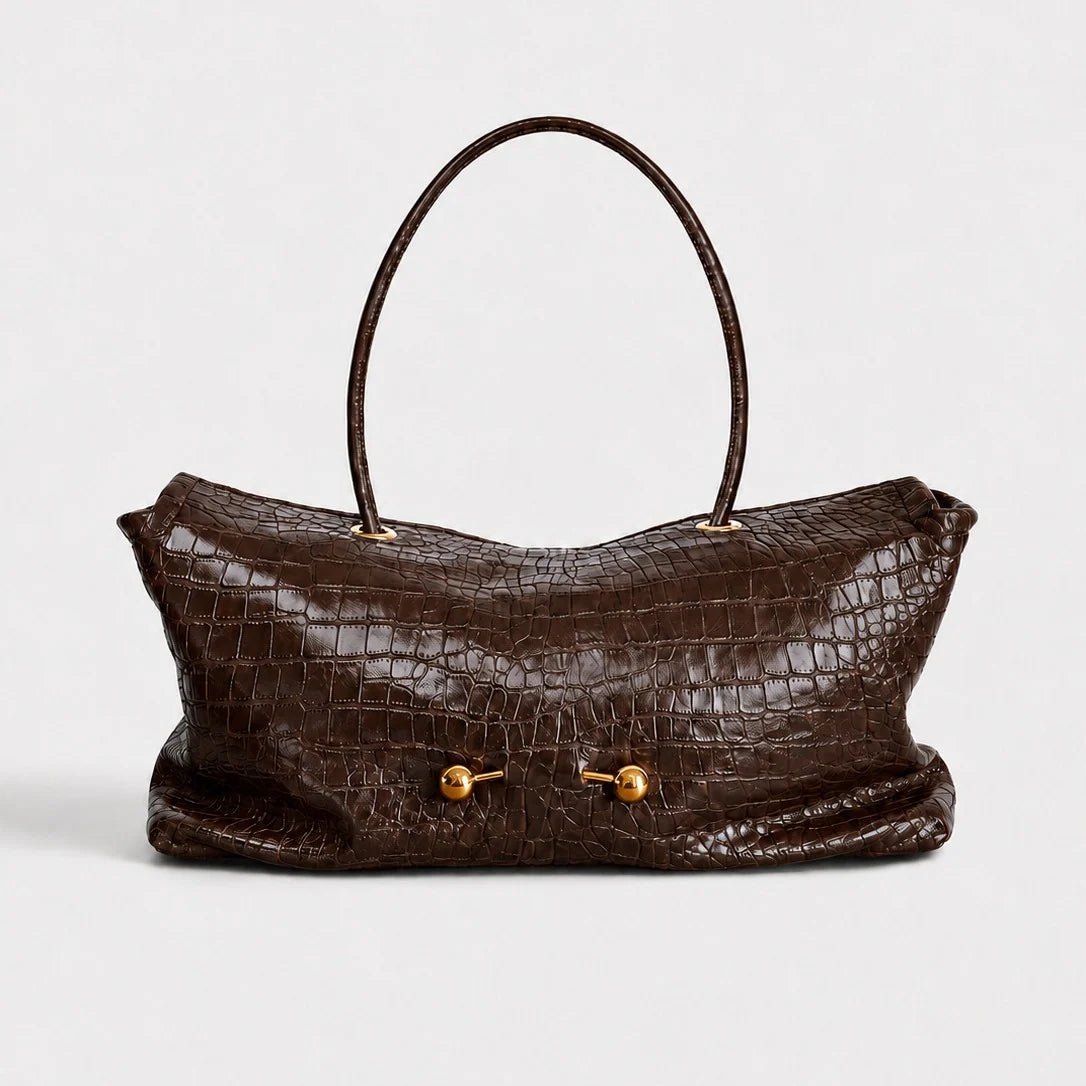 Shoulder Bag Vegan Leather Crocodile Texture Spacious Interior