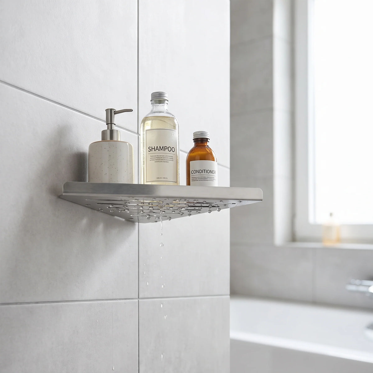 Shower Corner Shelf Screw-Mounted Stainless Steel Open-Bottom Drainage