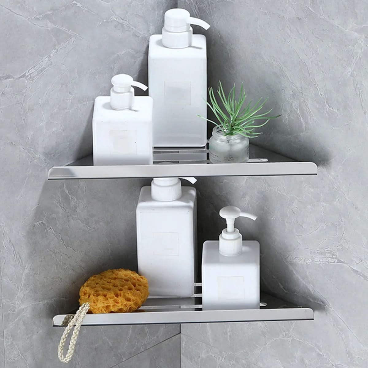 Shower Corner Shelf Screw-Mounted Stainless Steel Open-Bottom Drainage