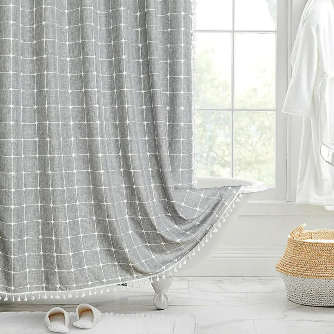 Shower Curtain Linen Waterproof Tassel Trim
